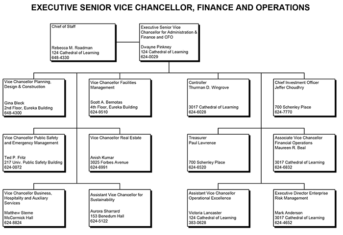 Executive Senior Vice Chancellor, Finance and Operations organizational flowchart; text included below.