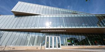 exterior view of window walls on Hillman Library.