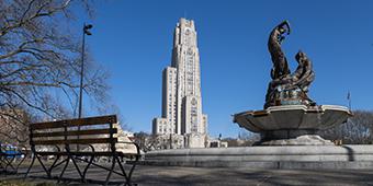 Cathedral of Learning in background of Frick fountain